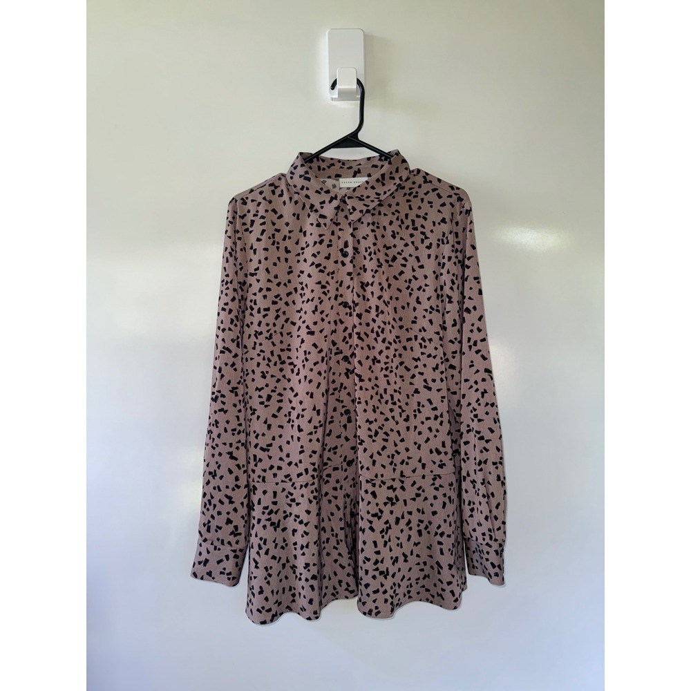 Susan Graver Tan Black Abstract Brushstroke Liquid Knit Button Down Tunic Medium